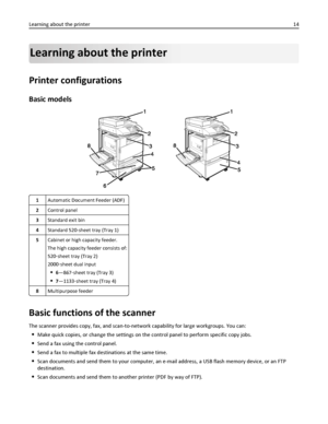 Page 14Learning about the printer
Printer configurations
Basic models
1Automatic Document Feeder (ADF)
2Control panel
3Standard exit bin
4Standard 520-sheet tray (Tray 1)
5Cabinet or high capacity feeder.
The high capacity feeder consists of:
520‑sheet tray (Tray 2)
2000‑sheet dual input
•6—867‑sheet tray (Tray 3)
7—1133‑sheet tray (Tray 4)
8Multipurpose feeder
Basic functions of the scanner
The scanner provides copy, fax, and scan-to-network capability for large workgroups. You can:
Make quick copies, or...