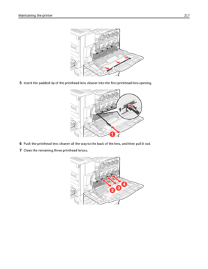 Page 2175Insert the padded tip of the printhead lens cleaner into the first printhead lens opening.
6Push the printhead lens cleaner all the way to the back of the lens, and then pull it out.
7Clean the remaining three printhead lenses.
Maintaining the printer217
Downloaded From ManualsPrinter.com Manuals 