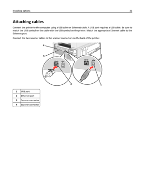 Page 31Attaching cables
Connect the printer to the computer using a USB cable or Ethernet cable. A USB port requires a USB cable. Be sure to
match the USB symbol on the cable with the USB symbol on the printer. Match the appropriate Ethernet cable to the
Ethernet port.
Connect the two scanner cables to the scanner connectors on the back of the printer.
1USB port
2Ethernet port
3Scanner connector
4Scanner connector
Installing options31
Downloaded From ManualsPrinter.com Manuals 