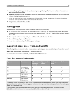 Page 48Be aware that preprinting, perforation, and creasing may significantly affect the print quality and cause jams or
other paper handling problems.
Check with the manufacturer or vendor to ensure the card stock can withstand temperatures up to 230°C (446°F)
without releasing hazardous emissions.
Do not use preprinted card stock manufactured with chemicals that may contaminate the printer. Preprinting
introduces semi‑liquid and volatile components into the printer.
Use grain long card stock when possible....