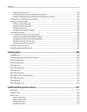 Page 7Holding jobs in the printer .............................................................................................................................. 102
Printing confidential and other held jobs from Windows............................................................................... 102
Printing confidential and other held jobs from a Macintosh computer ......................................................... 103
Printing from a USB flash memory...