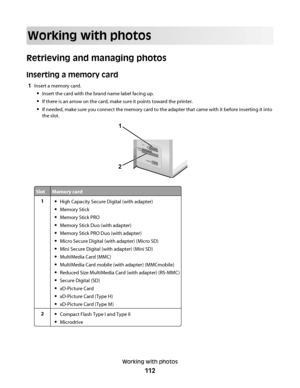 Page 112Working with photos
Retrieving and managing photos
Inserting a memory card
1Insert a memory card.
Insert the card with the brand name label facing up.
If there is an arrow on the card, make sure it points toward the printer.
If needed, make sure you connect the memory card to the adapter that came with it before inserting it into
the slot.
21
M
S
X
D
S
D
/M
M
C
C
F
/M
D
P
ictB
rid
g
e
SlotMemory card
1High Capacity Secure Digital (with adapter)
Memory Stick
Memory Stick PRO
Memory Stick Duo (with...