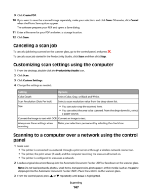 Page 1479Click Create PDF.
10If you want to save the scanned image separately, make your selections and click Save. Otherwise, click Cancel
when the Photo Save options appear.
The software prepares your PDF and opens a Save dialog.
11Enter a file name for your PDF and select a storage location.
12Click Save.
Canceling a scan job
To cancel a job being scanned on the scanner glass, go to the control panel, and press .
To cancel a scan job started in the Productivity Studio, click Scan and then click Stop....