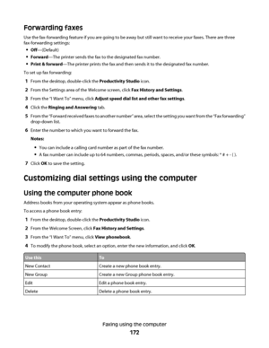 Page 172Forwarding faxes
Use the fax-forwarding feature if you are going to be away but still want to receive your faxes. There are three
fax-forwarding settings:
Off—(Default)
Forward—The printer sends the fax to the designated fax number.
Print & forward—The printer prints the fax and then sends it to the designated fax number.
To set up fax forwarding:
1From the desktop, double-click the Productivity Studio icon.
2From the Settings area of the Welcome screen, click Fax History and Settings.
3From the “I Want...