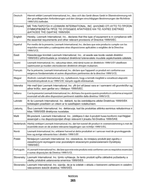 Page 265DeutschHiermit erklärt Lexmark International, Inc., dass sich das Gerät dieses Gerät in Übereinstimmung mit
den grundlegenden Anforderungen und den übrigen einschlägigen Bestimmungen der Richtlinie
1999/5/EG befindet.
ΕλληνικήΜΕ ΤΗΝ ΠΑΡΟΥΣΑ Η LEXMARK INTERNATIONAL, INC. ΔΗΛΩΝΕΙ ΟΤΙ ΑΥΤΟ ΤΟ ΠΡΟΪΟΝ
ΣΥΜΜΟΡΦΩΝΕΤΑΙ ΠΡΟΣ ΤΙΣ ΟΥΣΙΩΔΕΙΣ ΑΠΑΙΤΗΣΕΙΣ ΚΑΙ ΤΙΣ ΛΟΙΠΕΣ ΣΧΕΤΙΚΕΣ
ΔΙΑΤΑΞΕΙΣ ΤΗΣ ΟΔΗΓΙΑΣ 1999/5/ΕΚ.
EnglishHereby, Lexmark International, Inc., declares that this type of equipment is in compliance with
the...