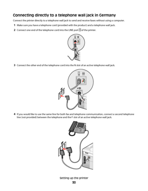 Page 30Connecting directly to a telephone wall jack in Germany
Connect the printer directly to a telephone wall jack to send and receive faxes without using a computer.
1Make sure you have a telephone cord (provided with the product) and a telephone wall jack.
2Connect one end of the telephone cord into the LINE port  of the printer.
3Connect the other end of the telephone cord into the N slot of an active telephone wall jack.
4If you would like to use the same line for both fax and telephone communication,...