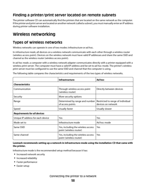 Page 58Finding a printer/print server located on remote subnets
The printer software CD can automatically find the printers that are located on the same network as the computer.
If the printer and print server are located on another network (called a subnet), you must manually enter an IP address
during printer software installation.
Wireless networking
Types of wireless networks
Wireless networks can operate in one of two modes: infrastructure or ad hoc.
In infrastructure mode, all devices on a wireless...