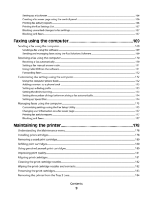 Page 9Setting up a fax footer ................................................................................................................................................................166
Creating a fax cover page using the control panel ..........................................................................................................166
Printing fax activity reports...