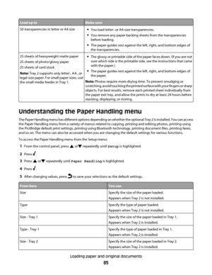 Page 85Load up toMake sure
50 transparencies in letter or A4 sizeYou load letter- or A4-size transparencies.
You remove any paper backing sheets from the transparencies
before loading.
The paper guides rest against the left, right, and bottom edges of
the transparencies.
25 sheets of heavyweight matte paper
25 sheets of photo/glossy paper
25 sheets of card stock
Note: Tray 2 supports only letter-, A4-, or
legal-size paper. For small paper sizes, use
the small media feeder in Tray 1.The glossy or printable side...