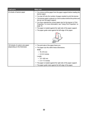 Page 22Load up toMake sure
20 sheets of banner paperYou remove all the paper from the paper support before loading the
banner paper.
You tear off only the number of pages needed to print the banner.
The banner paper is placed on a level surface behind the printer and
fed up over the paper support.
You have selected the correct paper size for the banner in Print
Properties. For more information, see “Using Print Properties” on
page 16.
The paper is loaded against the right side of the paper support.
The paper...