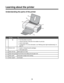 Page 12Learning about the printer
Understanding the parts of the printer
1
2
3
4
6
5
Use theTo
1Turn the printer on and off.
Cancel a print job. Press  in the middle of a print job.
Load or eject paper.
Troubleshoot. For more information, see “Blinking power light troubleshooting” on
page 46.
2Access coverInstall or change the print cartridges.
Clear paper jams.
3Paper exit trayStack paper as it exits.
4Paper feed guardPrevent items from falling into the paper slot.
5Paper guideKeep paper straight when...