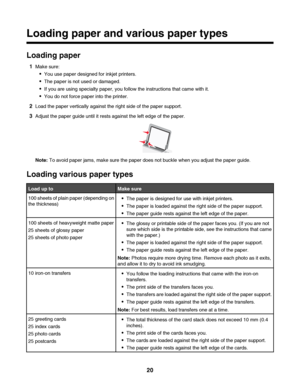 Page 20Loading paper and various paper types
Loading paper
1Make sure:
You use paper designed for inkjet printers.
The paper is not used or damaged.
If you are using specialty paper, you follow the instructions that came with it.
You do not force paper into the printer.
2Load the paper vertically against the right side of the paper support.
3Adjust the paper guide until it rests against the left edge of the paper.
Note: To avoid paper jams, make sure the paper does not buckle when you adjust the paper guide....