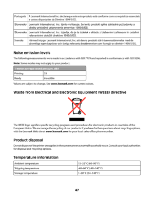 Page 47PortuguêsA Lexmark International Inc. declara que este este produto está conforme com os requisitos essenciais
e outras disposições da Diretiva 1999/5/CE.
SlovenskyLexmark International, Inc. týmto vyhlasuje, že tento produkt spĺňa základné požiadavky a
všetky príslušné ustanovenia smernice 1999/5/ES.
SlovenskoLexmark International, Inc. izjavlja, da je ta izdelek v skladu z bistvenimi zahtevami in ostalimi
relevantnimi določili direktive 1999/5/ES.
SvenskaHärmed intygar Lexmark International, Inc. att...