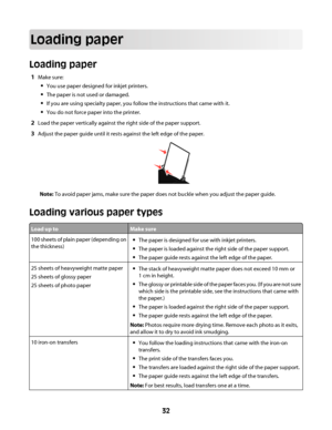 Page 32Loading paper
Loading paper
1Make sure:
You use paper designed for inkjet printers.
The paper is not used or damaged.
If you are using specialty paper, you follow the instructions that came with it.
You do not force paper into the printer.
2Load the paper vertically against the right side of the paper support.
3Adjust the paper guide until it rests against the left edge of the paper.
Note: To avoid paper jams, make sure the paper does not buckle when you adjust the paper guide.
Loading various paper...