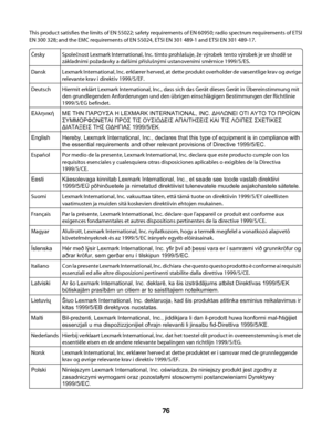 Page 76This product satisfies the limits of EN 55022; safety requirements of EN 60950; radio spectrum requirements of ETSI
EN 300 328; and the EMC requirements of EN 55024, ETSI EN 301 489-1 and ETSI EN 301 489-17.
Česky
Společnost Lexmark International, Inc. tímto prohlašuje, že výrobek tento výrobek je ve shodě se
základními požadavky a dalšími příslušnými ustanoveními směrnice 1999/5/ES.
DanskLexmark International, Inc. erklærer herved, at dette produkt overholder de væsentlige krav og øvrige
relevante krav...