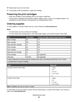 Page 2710Repeat step 9 up to two more times.
11If print quality is still not satisfactory, replace the cartridge.
Preserving the print cartridges
Keep new cartridges in their packaging until you are ready to install them.
Do not remove a cartridge from the printer except to replace, clean, or store it in an airtight container. The
cartridges do not print correctly if left exposed for an extended period of time.
Ordering supplies
To order supplies or to locate a dealer near you, visit our Web site at...