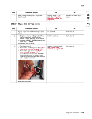 Page 109Diagnostic information2-73
 5026
Go Back Previous
Next
242.05—Paper Jam service check
4Is tray 2 a high-capacity input tray (2,000-
sheet feeder)?Replace the HCIT top 
plate. See “Top plate 
assembly removal” on 
page 4-206. Replace the entire tray 2 
option.
Step Questions / actions Yes No
1Has the paper been fed from an input option 
before?Go to step 5. Go to step 2.
21. Bring the printer up in Diagnostics Menu 
(turn off the printer, press and hold 
buttons 3 and 6, then turn on the printer).
2....