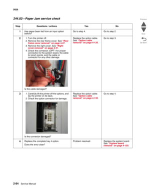 Page 1202-84Service Manual 5026 
Go Back Previous
Next
244.02—Paper Jam service check
Step Questions / actions Yes No
1Has paper been fed from an input option 
before?Go to step 4. Go to step 2.
21. Turn the printer off.
2. Remove the rear frame cover. See “Rear 
frame cover removal” on page 4-47.
3. Remove the right cover. See “Right 
cover removal” on page 4-51.
4. Check the connector JOPT1 for proper 
connection to the system board, the cable 
for pinch points, and the cable or 
connector for any other...
