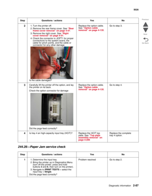 Page 123Diagnostic information2-87
 5026
Go Back Previous
Next
244.26—Paper Jam service check
21. Turn the printer off.
2. Remove the rear frame cover. See “Rear 
frame cover removal” on page 4-47.
3. Remove the right cover. See “Right 
cover removal” on page 4-51.
4. Check the connector in JOPT1 for proper 
connections to the system board, the 
cable for pinch points, and the cable or 
connector for any other damage.
Is the cable damaged?Replace the option cable. 
See “Option cable 
removal” on page 4-135. Go...