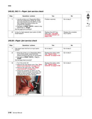 Page 1262-90Service Manual 5026 
Go Back Previous
Next
245.03, 245.11—Paper Jam service check
245.05—Paper Jam service check
Step Questions / actions Yes No
11. ring the printer up in Diagnostics Menu 
(turn the multifunction printer off, press 
and hold 3 and 6, turn the MFP on, and 
then release the buttons when the 
progress bar displays). 
2. Navigate to PRINT TESTS > select a tray 
below tray 3 > Single.
Did the page print correctly?Problem resolved. Go to step 2.
2Is tray 5 a high-capacity input option...