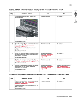 Page 133Diagnostic information2-97
 5026
Go Back Previous
Next
920.03, 920.25—Transfer Module Missing or not connected service check
920.04—POST (power-on self test) fuser motor not connected error service check
Step Questions / actions Yes No
1Open the front access door. Reseat the 
transport cable.
Does the error clear?Problem resolved. Go to step 2.
2Turn the printer off, and then remove the rear 
frame cover. See “Rear frame cover 
removal” on page 4-47.
Reseat the transport cable in connector 
JTPS1. 
Does...