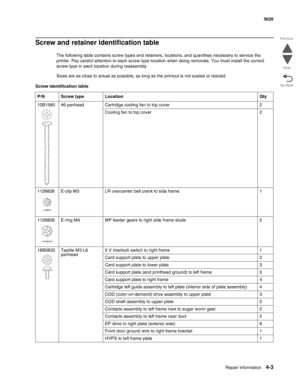 Page 249Repair information4-3
 5026
Go Back Previous
Next
Screw and retainer identification table
The following table contains screw types and retainers, locations, and quantities necessary to service the 
printer. Pay careful attention to each screw type location when doing removals. You must install the correct 
screw type in each location during reassembly.
Sizes are as close to actual as possible, as long as the printout is not scaled or resized.
Screw identification table
P/N Screw type Location Qty
10B1580...