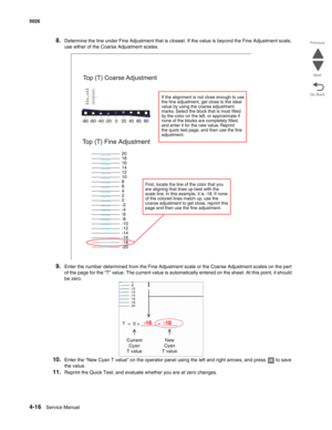 Page 2624-16Service Manual 5026 
Go Back Previous
Next
8.Determine the line under Fine Adjustment that is closest. If the value is beyond the Fine Adjustment scale, 
use either of the Coarse Adjustment scales.
9.Enter the number determined from the Fine Adjustment scale or the Coarse Adjustment scales on the part 
of the page for the “T” value. The current value is automatically entered on the sheet. At this point, it should 
be zero.
10.Enter the “New Cyan T value” on the operator panel using the left and right...