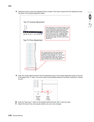 Page 2724-26Service Manual 5026 
Go Back Previous
Next
8.Determine the line under Fine Adjustment that is closest. If the value is beyond the Fine Adjustment scale, 
use either of the Coarse Adjustment scales.
9.Enter the number determined from the Fine Adjustment scale or the Coarse Adjustment scales on the part 
of the page for the “T” value. The current value is automatically entered on the sheet. At this point, it should 
be zero.
10.Enter the “New Cyan T value” on the operator panel and touch   to save the...