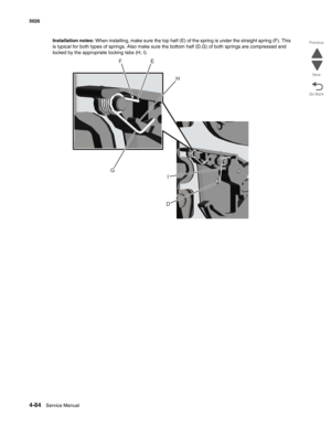 Page 3304-84Service Manual 5026 
Go Back Previous
Next
Installation notes: When installing, make sure the top half (E) of the spring is under the straight spring (F). This 
is typical for both types of springs. Also make sure the bottom half (D,G) of both springs are compressed and 
locked by the appropriate locking tabs (H, I).
GFE
H
DI 