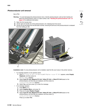 Page 3884-142Service Manual 5026 
Go Back Previous
Next
Photoconductor unit removal
Not a FRU
Warning:  To avoid damaging the photoconductor drum, hold the photoconductor units by their handle and 
place the photoconductor units on a clean surface. See “Handing the photoconductor unit” on 
page 4-2 for additional information.
1.Open the front access door.
2.Lift the right end handle (A) of the photoconductor unit, releasing from the mount.
3.Lift the unit up and away from the left side of printer, ensuring the...