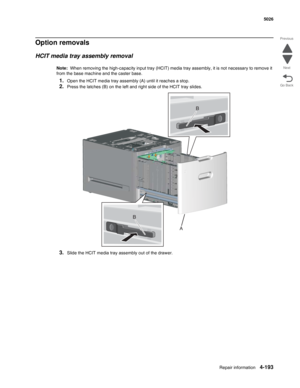 Page 439Repair information4-193
 5026
Go Back Previous
Next
Option removals
HCIT media tray assembly removal
Note:  When removing the high-capacity input tray (HCIT) media tray assembly, it is not necessary to remove it 
from the base machine and the caster base.
1.Open the HCIT media tray assembly (A) until it reaches a stop.
2.Press the latches (B) on the left and right side of the HCIT tray slides.
3.Slide the HCIT media tray assembly out of the drawer.
B
B
A 