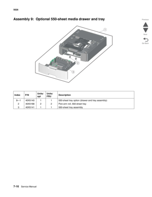 Page 4767-16Service Manual 5026 
Go Back Previous
Next
Assembly 9:  Optional 550-sheet media drawer and tray
Index P/NUnits/
optUnits/ 
FRUDescription
9—1 40X5140 1 1 550-sheet tray option (drawer and tray assembly)
2 40X5168 2 2 Pick arm roll, 550-sheet tray
3 40X5141 1 1 550-sheet tray assembly
3
2
1 