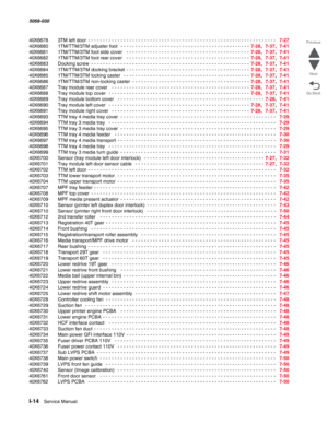 Page 1016I-14  Service Manual 5058-030  
Go Back Previous
Next
40X6678  3TM left door - - - - - - - - - - - - - - - - - - - - - - - - - - - - - - - - - - - - - - - - - - - - - - - - - - - - - - - - - - - - - - - -  7-27
40X6680  1TM/TTM/3TM adjuster foot
  - - - - - - - - - - - - - - - - - - - - - - - - - - - - - - - - - - - - - - - - - - - -  7-28,  7-37,  7-41
40X6681    1TM/TTM/3TM foot side cover
  - - - - - - - - - - - - - - - - - - - - - - - - - - - - - - - - - - - - - - - - - -  7-28,  7-37,  7-41
40X6682...