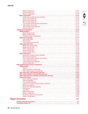 Page 12xii  Service Manual  5058-030  
Go Back Previous
Next
Switch (media size)  . . . . . . . . . . . . . . . . . . . . . . . . . . . . . . . . . . . . . . . . . . . . . . . . . . . . . . . . .  3-112
Sensor (media out)  . . . . . . . . . . . . . . . . . . . . . . . . . . . . . . . . . . . . . . . . . . . . . . . . . . . . . . . . .  3-112
Sensor (media level)  . . . . . . . . . . . . . . . . . . . . . . . . . . . . . . . . . . . . . . . . . . . . . . . . . . . . . . . .  3-113
Main components  . . . . . . ....