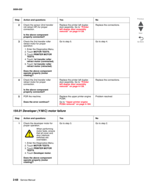 Page 1182-68  Service Manual 5058-030  
Go Back Previous
Next
154.01 Developer (Y/M/C) motor failure
2Check the sensor (2nd transfer 
roll retract HP) for proper 
connection.
 Is the above component 
properly connected?
Replace the printer left duplex 
door assembly. Go to “Printer left duplex door assembly removal” on page 4-139.
Replace the connections.
3Check the 2nd transfer roller 
retract motor for proper 
operation.
1. Enter the Diagnostics Menu.
2. Touch MOTOR TESTS.
3. Touch PRINTER MOTOR 
TESTS.
4....