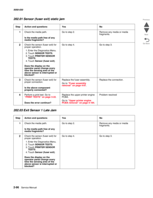 Page 1462-96  Service Manual 5058-030  
Go Back Previous
Next
202.01 Sensor (fuser exit) static jam 
202.03 Exit Sensor 1 Late Jam
StepAction and questionsYesNo
1Check the media path.
 Is the media path free of any 
media fragments?
Go to step 2.Remove any media or media 
fragments.
2Check the sensor (fuser exit) for 
proper operation.
1. Enter the Diagnostics Menu.
2. Touch SENSOR TESTS.
3. Touch PRINTER SENSOR 
TESTS.
4. Touch Sensor (fuser exit).
 Does the display on the 
operator panel change every 
time the...