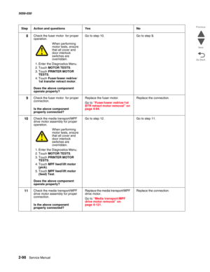 Page 1482-98  Service Manual 5058-030  
Go Back Previous
Next
8Check the fuser motor  for proper 
operation.
When performing motor tests, ensure 
that all cover and 
door interlock 
switches are 
overridden.
1. Enter the Diagnostics Menu.
2. Touch MOTOR TESTS.
3. Touch PRINTER MOTOR 
TESTS.
4. Touch Fuser/lower redrive/
1st transfer retract motor.
 Does the above component 
operate properly?
Go to step 10.Go to step 9.
9Check the fuser motor  for proper 
connection.
 Is the above component 
properly connected?...