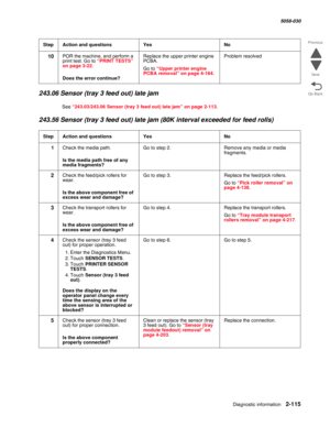 Page 165Diagnostic information 2-115
  5058-030
Go Back Previous
Next243.06 Sensor (tray 3 feed out) late jam
See “243.03/243.06 Sensor (tray 3 feed out) late jam” on page 2-113.
243.56 Sensor (tray 3 feed out) late jam (80K interval exceeded for feed rolls)
10POR the machine, and perform a 
print test. Go to “PRINT TESTS” on page 3-22.
 Does the error continue?
Replace the upper printer engine 
PCBA.
Go to “Upper printer engine PCBA removal” on page 4-184.
Problem resolved
StepAction and questionsYesNo
1Check...