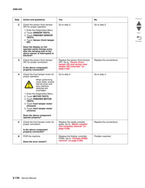 Page 1842-134  Service Manual 5058-030  
Go Back Previous
Next
2Check the sensor (front tamper 
HP) for proper operation.
1. Enter the Diagnostics Menu.
2. Touch SENSOR TESTS.
3. Touch FINISHER SENSOR 
TESTS.
4. Touch Sensor (front tamper 
HP).
 Does the display on the 
operator panel change every 
time the sensing area of the 
above sensor is interrupted or 
blocked?
Go to step 3.Go to step 2.
3Check the sensor (front tamper 
HP) for proper connection.
 Is the above component 
properly connected?
Replace the...