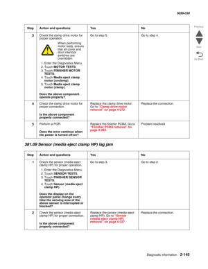 Page 195Diagnostic information 2-145
  5058-030
Go Back Previous
Next
381.09 Sensor (media eject clamp HP) lag jam
3Check the clamp drive motor for 
proper operation.
When performing motor tests, ensure 
that all cover and 
door interlock 
switches are 
overridden.
1. Enter the Diagnostics Menu.
2. Touch MOTOR TESTS.
3. Touch FINISHER MOTOR 
TESTS.
4. Touch Media eject clamp 
motor (unclamp).
5. Touch Media eject clamp 
motor (clamp).
 Does the above component 
operate properly?
Go to step 5.Go to step 4.
4Check...