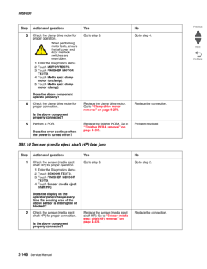 Page 1962-146  Service Manual 5058-030  
Go Back Previous
Next
381.10 Sensor (media eject shaft HP) late jam 
3Check the clamp drive motor for 
proper operation.
When performing motor tests, ensure 
that all cover and 
door interlock 
switches are 
overridden.
1. Enter the Diagnostics Menu.
2. Touch MOTOR TESTS.
3. Touch FINISHER MOTOR 
TESTS.
4. Touch Media eject clamp 
motor (unclamp).
5. Touch Media eject clamp 
motor (clamp).
 Does the above component 
operate properly?
Go to step 5.Go to step 4.
4Check the...