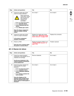 Page 199Diagnostic information 2-149
  5058-030
Go Back Previous
Next
381.12 Stacker bin failure
5Check the media eject clamp 
clutch for proper operation.
When performing motor tests, ensure 
that all cover and 
door interlock 
switches are 
overridden.
1. Enter the Diagnostics Menu.
2. Touch MOTOR TESTS.
3. Touch FINISHER MOTOR 
TESTS.
4. Touch Media eject clutch.
 Does the above component 
make an audible clicking 
noise?
Go to step 7.Go to step 6.
6Check the media eject clamp 
clutch for proper connection....