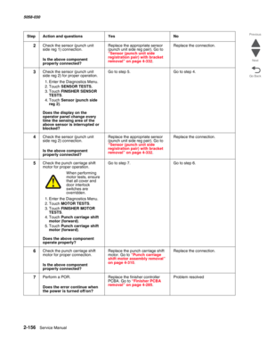 Page 2062-156  Service Manual 5058-030  
Go Back Previous
Next
2Check the sensor (punch unit 
side reg 1) connection.
 Is the above component 
properly connected?
Replace the appropriate sensor 
(punch unit side reg pair). Go to 
“Sensor (punch unit side registration pair) with bracket removal” on page 4-332.
Replace the connection.
3Check the sensor (punch unit 
side reg 2) for proper operation.
1. Enter the Diagnostics Menu.
2. Touch SENSOR TESTS.
3. Touch FINISHER SENSOR 
TESTS.
4. Touch Sensor (punch side...