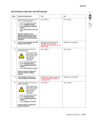 Page 211Diagnostic information 2-161
  5058-030
Go Back Previous
Next
381.26 Sensor (decurler cam HP) late jam
StepAction and questionsYesNo
1Check the sensor (de-curler cam 
HP) for proper operation.
1. Enter the Diagnostics Menu.
2. Touch SENSOR TESTS.
3. Touch FINISHER SENSOR 
TESTS.
4. Touch Sensor (decurler cam 
HP).
 Does the display on the 
operator panel change every 
time the sensing area of the 
above sensor is interrupted or 
blocked?
Go to step 3.Go to step 2.
2Is the sensor (decurler cam HP)...