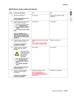 Page 247Diagnostic information 2-197
  5058-030
Go Back Previous
Next
486.03 Sensor (lower media exit) late jam
StepAction and questionsYesNo
1Check the media path.
 Is the media path free of any 
media fragments?
Go to step 2.Remove any media or media 
fragments.
2Check the sensor (lower media 
exit) for proper operation.
1. Enter the Diagnostics Menu.
2. Touch SENSOR TESTS.
3. Touch FINISHER SENSOR 
TESTS.
3. Touch Sensor (lower media 
exit).
 Does the display on the 
operator panel change every 
time the...