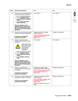 Page 253Diagnostic information 2-203
  5058-030
Go Back Previous
Next
2Check the sensor (booklet media 
entrance) for proper operation.
1. Enter the Diagnostics Menu.
2. Touch SENSOR TESTS.
3. Touch FINISHER SENSOR 
TESTS.
4. Touch Sensor (booklet 
media entrance).
 Does the display on the 
operator panel change every 
time the sensing area of the 
above sensor is interrupted or 
blocked?
Go to Step 4.Go to Step 3.
3Check the sensor (booklet media 
entrance) for proper connection.
 Is the above component...