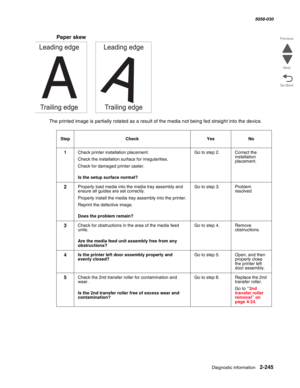 Page 295Diagnostic information 2-245
  5058-030
Go Back Previous
Next
Paper skew 
The printed image is partially rotated as a result of the media not being fed straight into the device. 
StepCheckYesNo
1Check printer installation placement.
Check the installation surface for irregularities. 
Check for damaged printer caster. 
 Is the setup surface normal?
Go to step 2.Correct the 
installation 
placement.
2Properly load media into the media tray assembly and 
ensure all guides are set correctly. 
Properly...