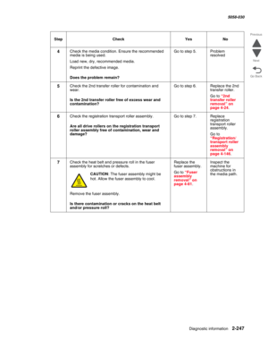 Page 297Diagnostic information 2-247
  5058-030
Go Back Previous
Next
4Check the media condition. Ensure the recommended 
media is being used. 
Load new, dry, recommended media.
Reprint the defective image.
 Does the problem remain?
Go to step 5.Problem 
resolved
5Check the 2nd transfer roller for contamination and 
wear.
 Is the 2nd transfer roller free of excess wear and 
contamination?
Go to step 6.Replace the 2nd 
transfer roller.
Go to “2nd transfer roller removal” on page 4-24.
6Check the registration...