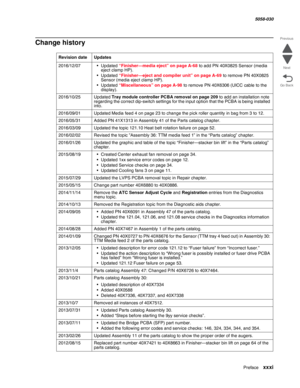 Page 31Preface xxxi
  5058-030
Go Back Previous
Next
Change history
Revision dateUpdates
2016/12/07• Updated “Finisher—media eject” on page A-68 to add PN 40X0825 Sensor (media eject clamp HP).
• Updated “Finisher—eject and compiler unit” on page A-69 to remove PN 40X0825 Sensor (media eject clamp HP).
• Updated “Miscellaneous” on page A-98 to remove PN 40X6306 (UICC cable to the display).
2016/10/25Updated Tray module controller PCBA removal on page 209 to add an installation note regarding the correct...