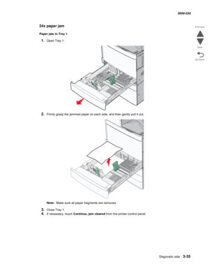 Page 337Diagnostic aids 3-35
  5058-030
Go Back Previous
Next
24x paper jam
Paper jam in Tray 1
1.Open Tray 1.
2.Firmly grasp the jammed paper on each side, and then gently pull it out. 
Note:  Make sure all paper fragments are removed.
3.Close Tray 1.
4.If necessary, touch Continue, jam cleared from the printer control panel. 